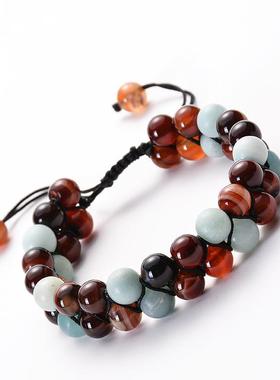 火山熔岩石双排手链七彩天然石瑜珈亚马逊石编织可调节双层手链