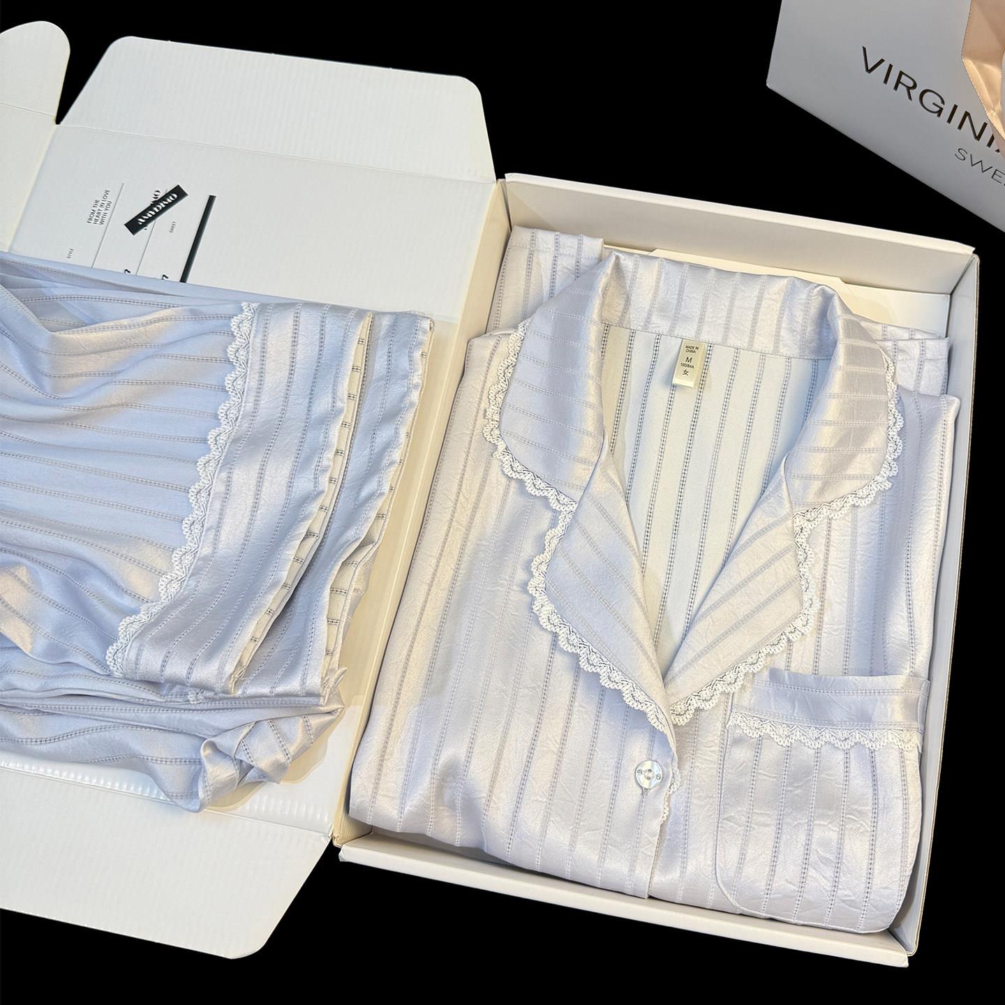 新品冰丝睡衣女士夏季高级感蕾丝镂空条纹短袖长裤开衫家居服套装