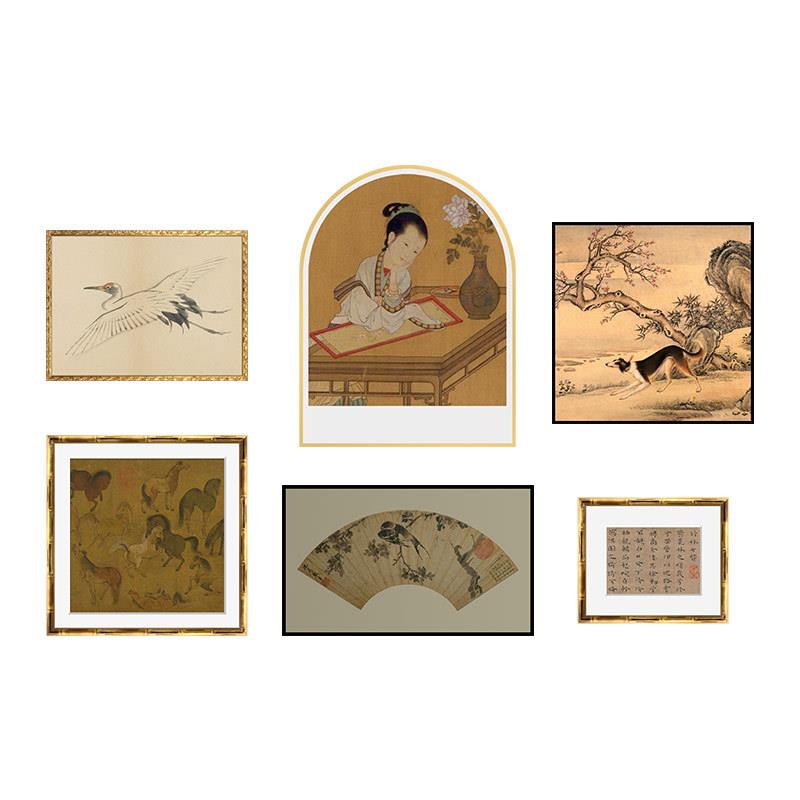 新中式中古客厅书房复古艺术装饰画法式中国风组合挂画百马图A133