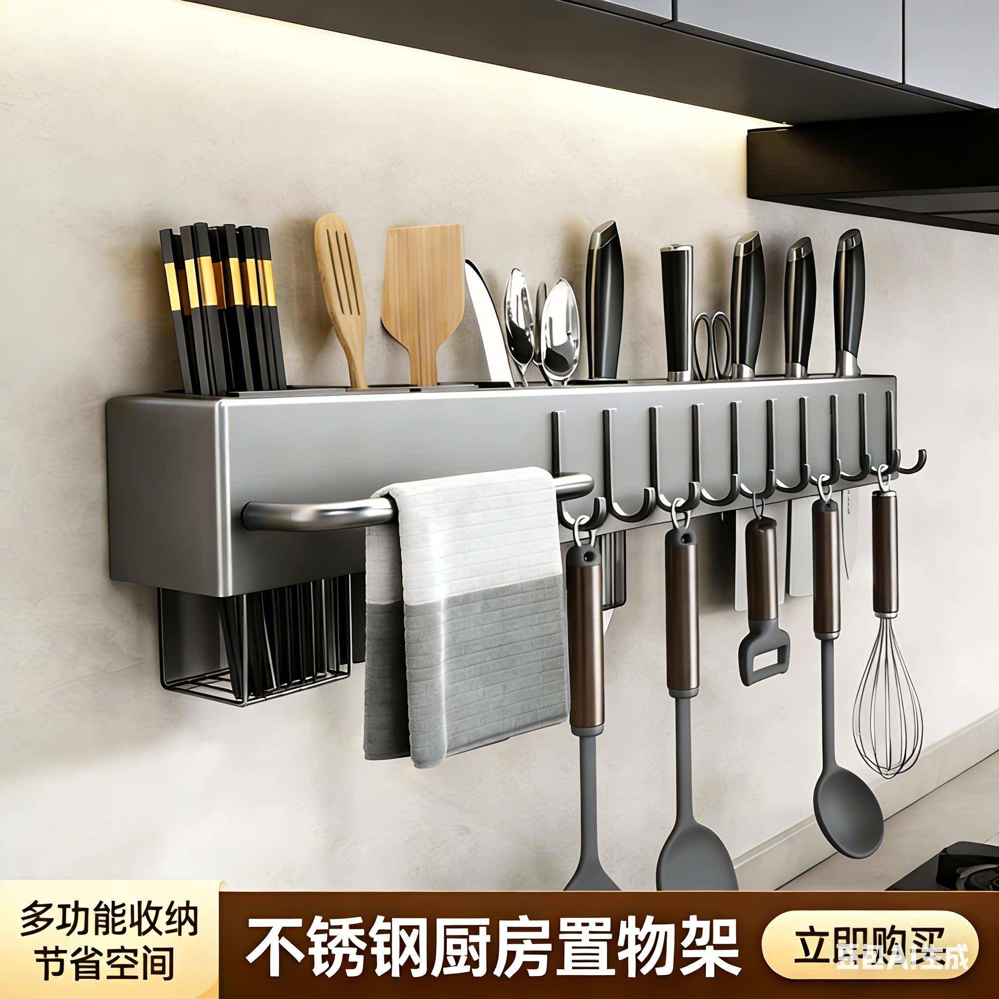 厨房刀架一体置物架不锈钢多功能壁挂式筷筒收纳架子勺子铲子架-3