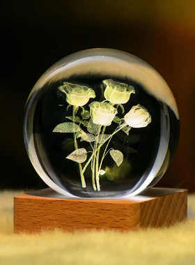 3D立体梦幻银河系水晶球蓝色发光夜灯月球太阳系玻璃球摆件毕业季