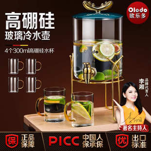 防 冷水壶玻璃耐高温家用凉水壶带龙头夏天泡茶壶耐热玻璃杯套装