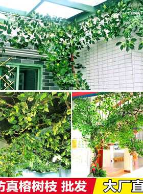 新款直销仿真树叶绢花榕树叶装饰手感过胶塑料假树枝绿色叶子办公