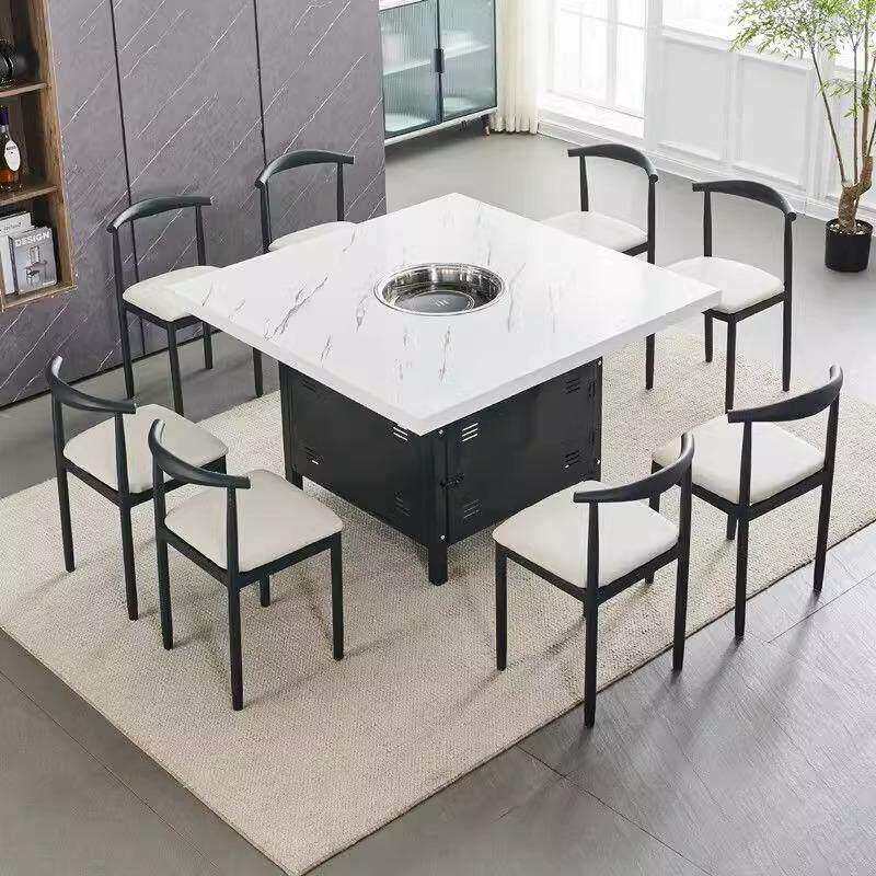 火锅桌子商用彷大理石圆桌韩式燃气灶电磁炉一体饭店餐饮桌椅组合