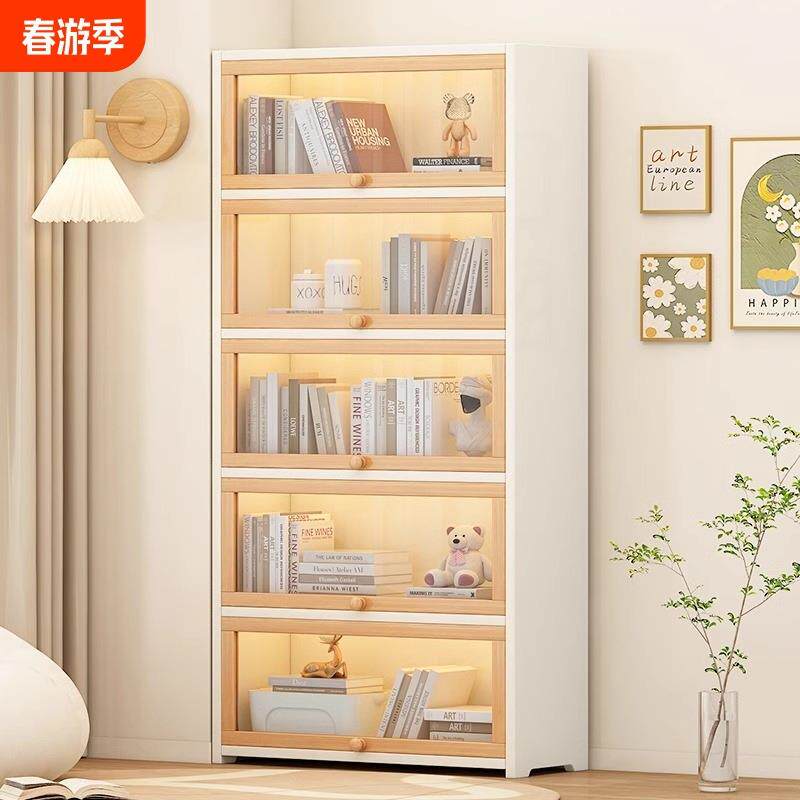 松木书柜上翻透明门学生书籍收纳柜多层落地实木书架子玩具多功能