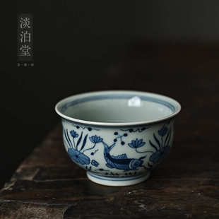 手绘鱼藻纹青花瓷茶杯品茗杯主人杯大号茶盏单杯 景德镇仿元