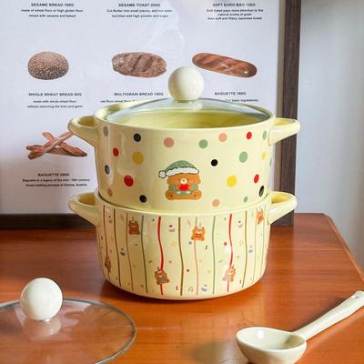 可爱卡通波点陶瓷泡面碗带盖双耳汤碗学生宿舍螺蛳粉碗水果沙拉碗