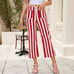 Womens Cropped Striped Jeans Casual High Waisted Stretchy