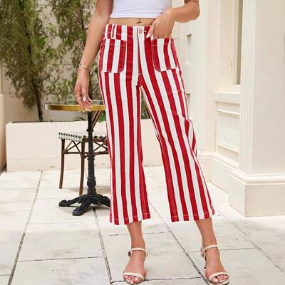 Womens Cropped Striped Jeans Casual High Waisted Stretchy