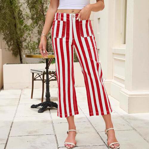 Womens Striped Jeans Wide Leg Trousers Casual High Waisted