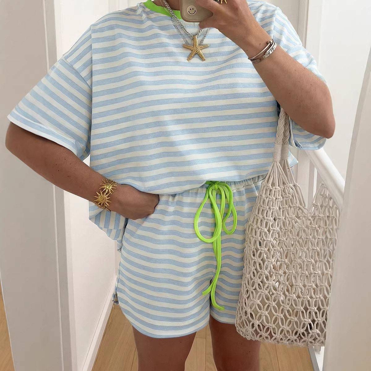 Women Pink Stripe Tee Drawstring Shorts Set Relaxed