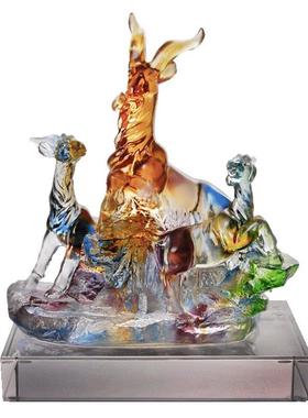 正品琉璃工羊摆件客厅羊开泰办三公室桌面艺品纪念品水礼晶物三阳