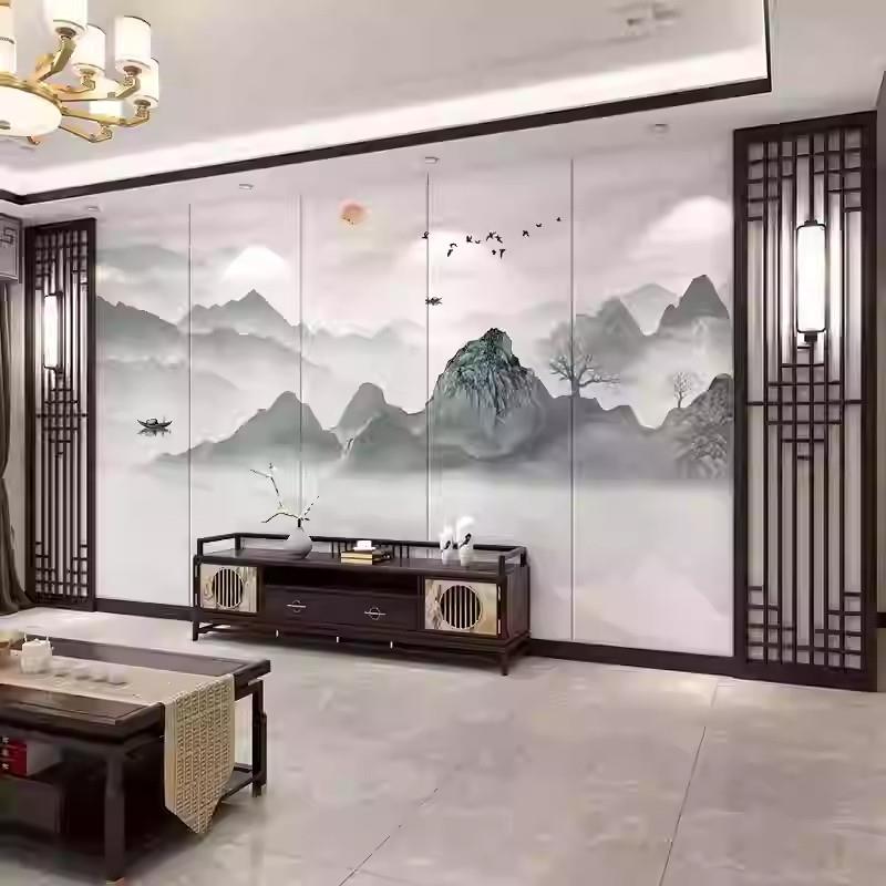 3d新中式山水电视背景墙扣板竹木纤维集成墙板轻奢客厅沙发护墙板
