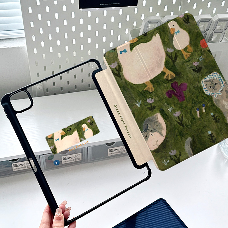 ipadmini7保护壳旋转复古小动物ipadair6亚克力带笔槽2024pro11可爱油画小猫防摔平板10代9好看10.2全包皮套