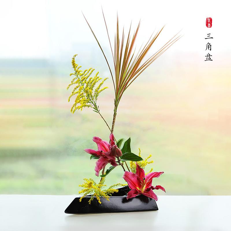 陶瓷XXH角花器盆插花器中式禅意花器底座花三盘花皿摆件