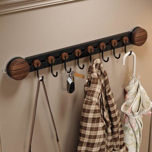 胡桃木色吸盘挂钩中古风联排浴室衣架可移动厨房壁挂门后挂衣钩子