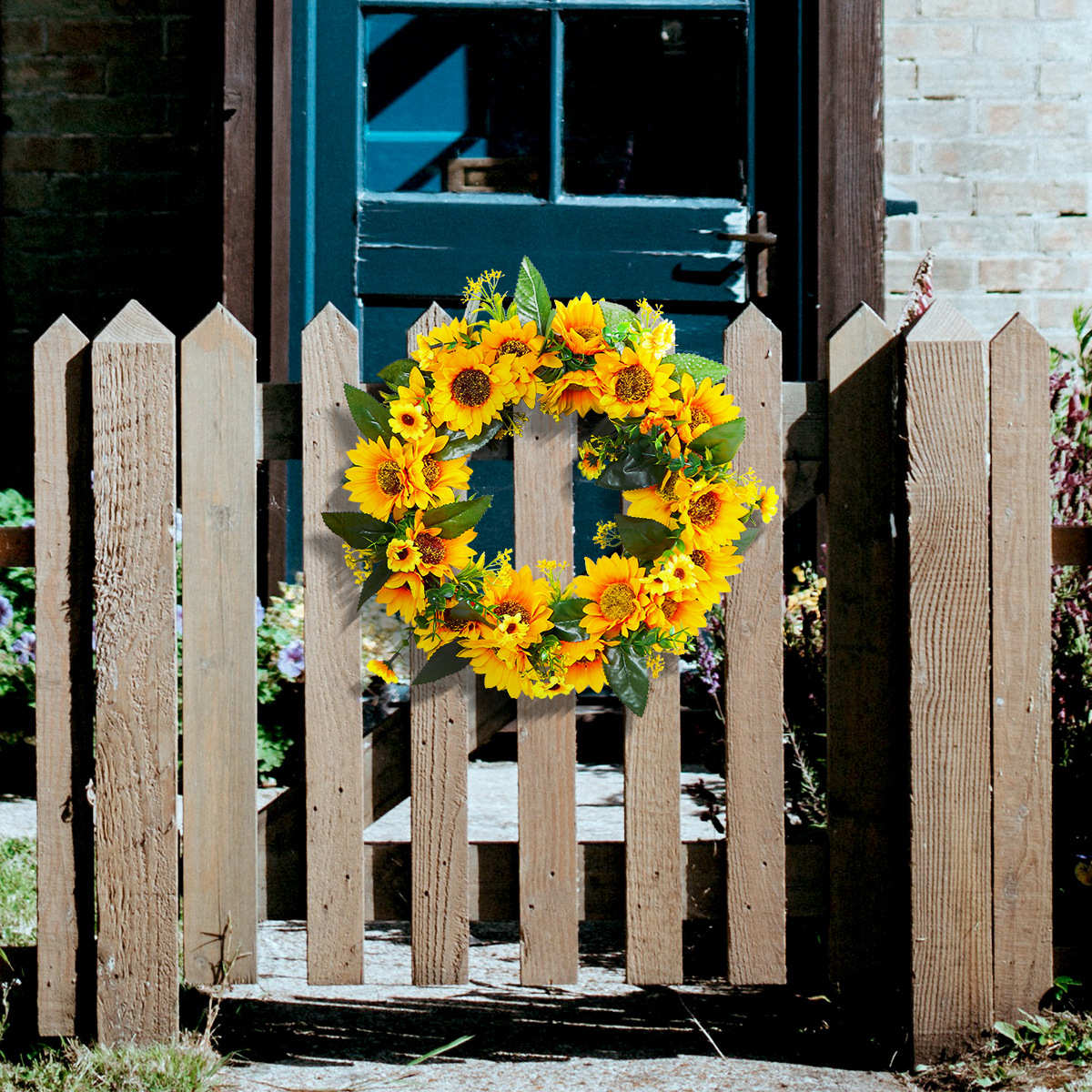晶辰春季向日葵花环壁饰 枯枝藤圈门挂仿真花商场藤条挂饰