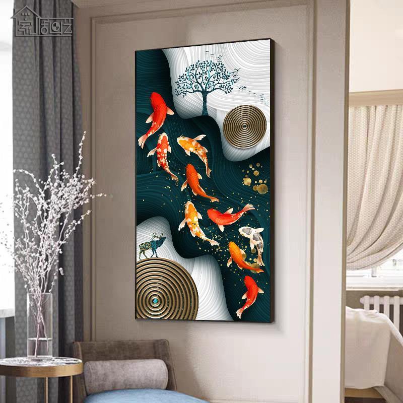 九鱼图风水招财墙画走廊装饰画入户玄关画竖版壁画客厅轻奢挂画图片