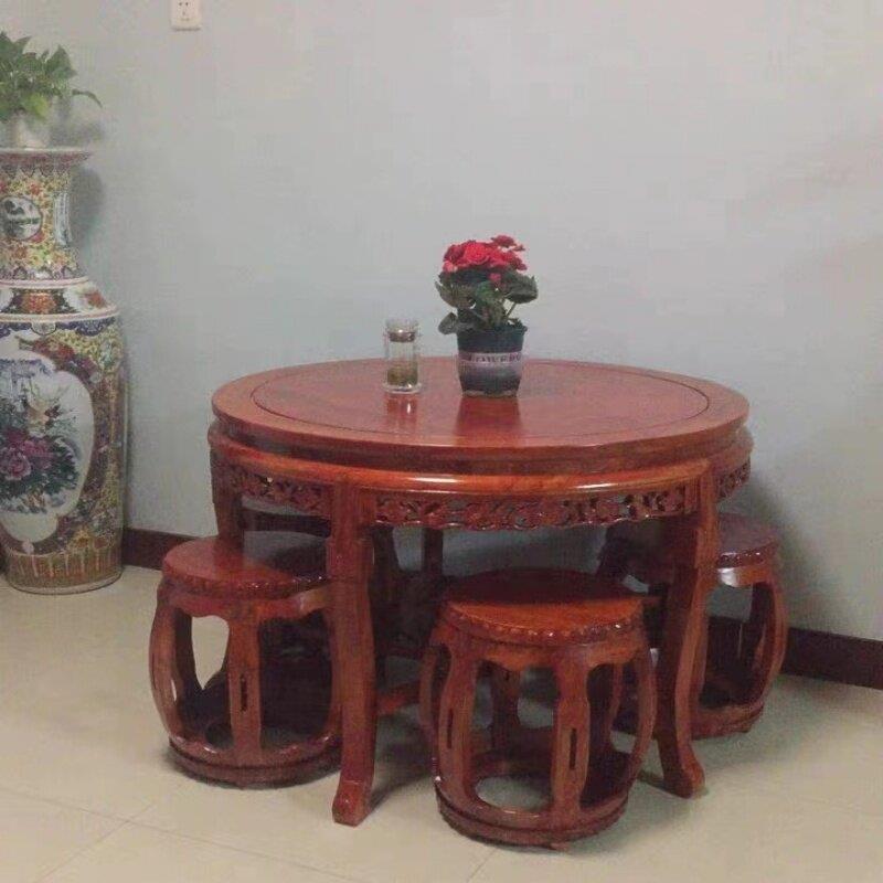 圆餐桌实木中式喝茶仿古餐桌椅组合多功能圆桌古典小户型吃饭桌子