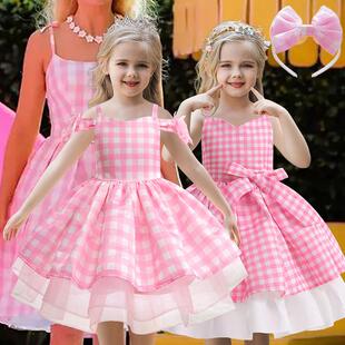 girls plaid print bow decor tiered layer dress with headband