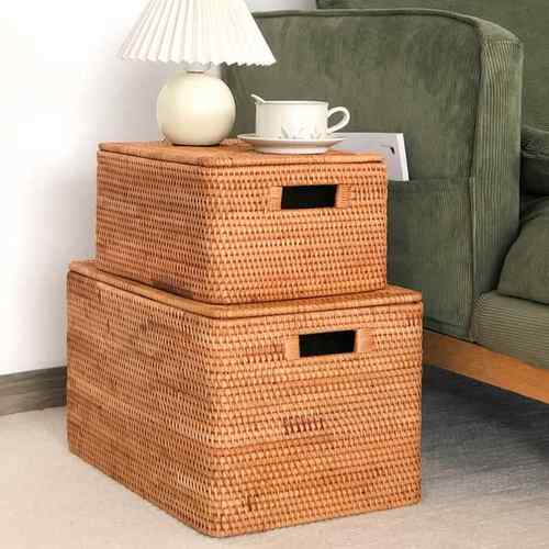 越南藤收纳筐带草编脏衣服篮子纳竹编59504编织收盒玩盖具储编物