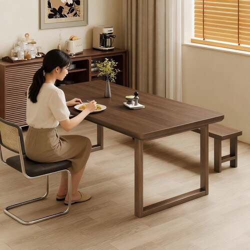 实木餐桌家用胡桃木饭桌中古风餐桌椅组合餐厅长方形家具吃饭桌子