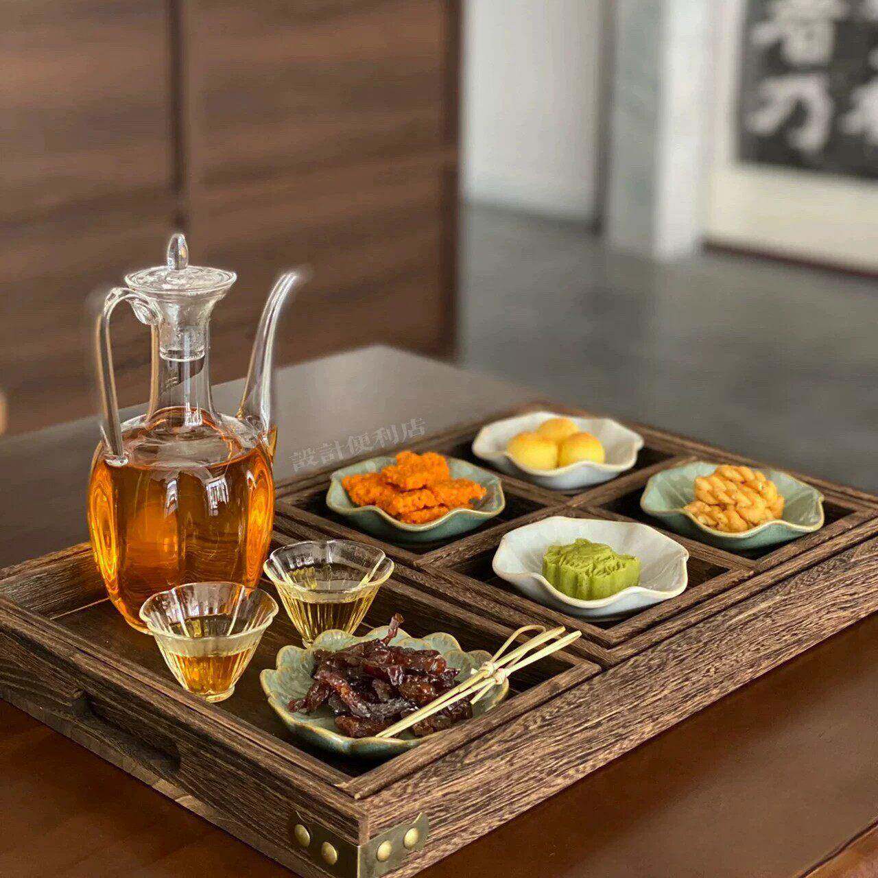 玻璃茶器皿陶瓷餐碟中式荷叶茶点盘耐热茶具下午茶桐木茶盘大套装