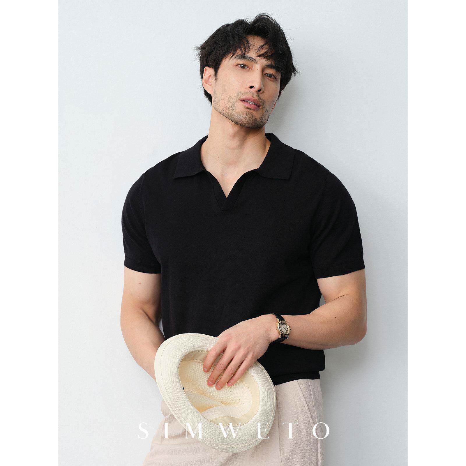 夏季优雅老钱 纯棉V领针织T恤男士休闲商务高级感黑色短袖polo衫