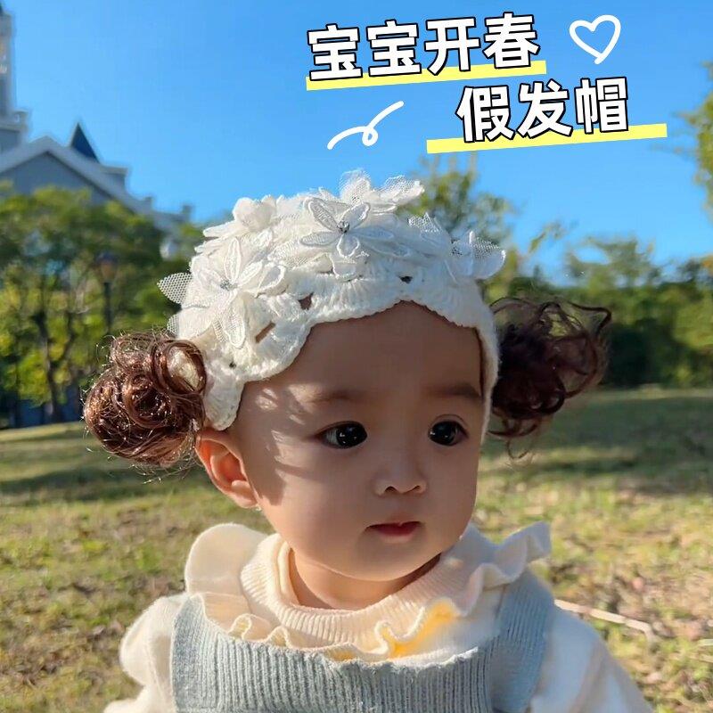 婴儿开 春帽子2025新款假发一体新生婴儿春秋薄款洋派好看套头帽
