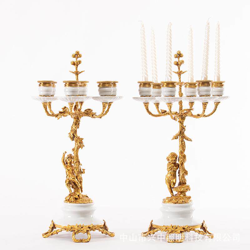欧美式多头陶瓷铜配摆件客厅茶几玄关轻奢瓷烛台软装家居饰品摆设