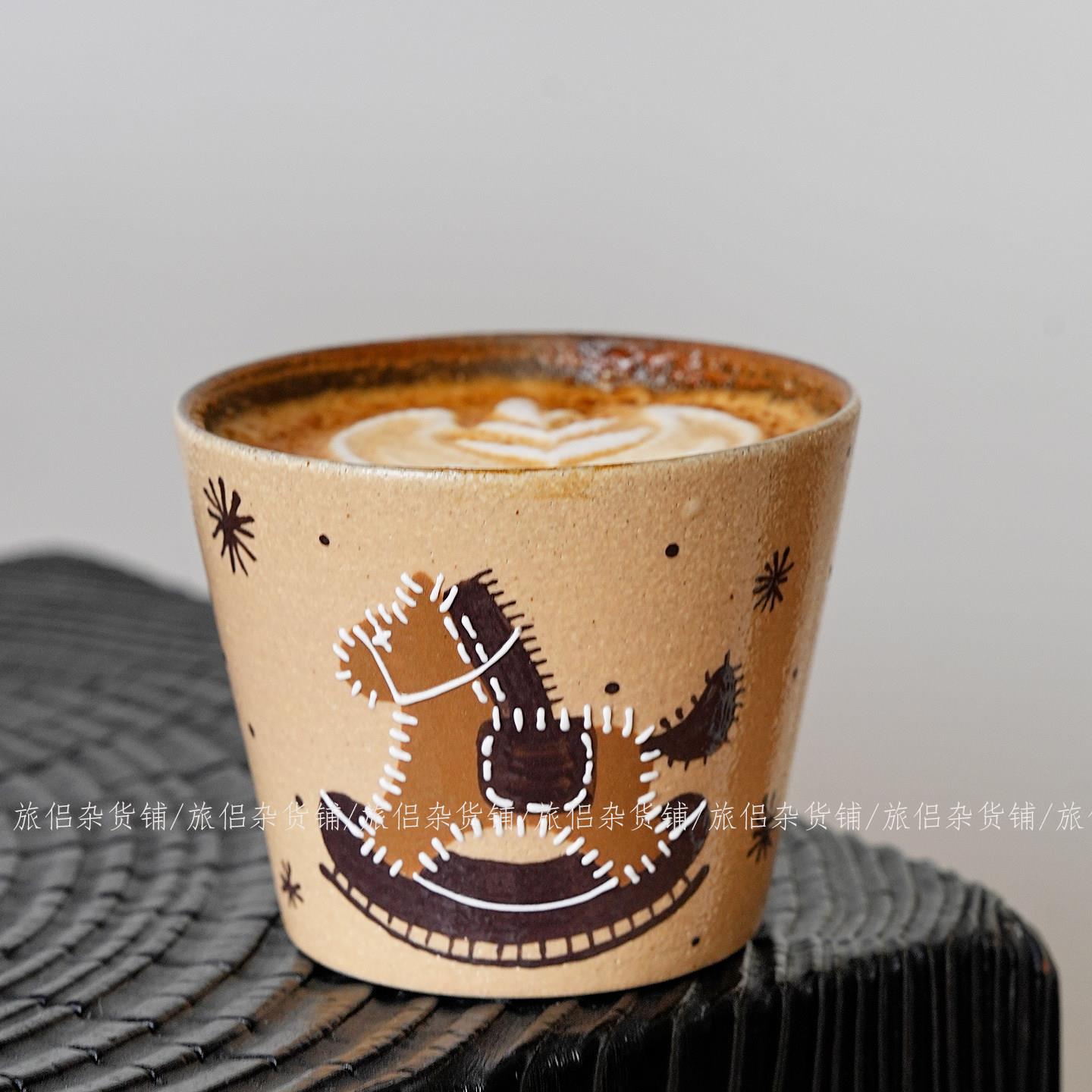 马年礼物景德镇手绘布纹木马紫砂猪口杯咖啡拿铁杯拉花杯复古茶杯