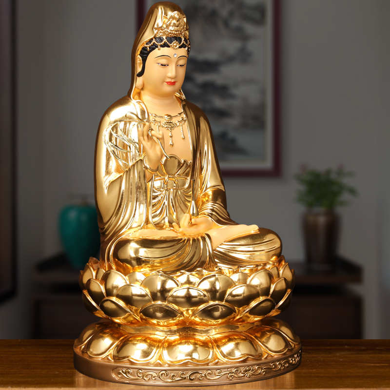 台湾纯铜贴金观音菩萨家用供奉观音佛像南海送子观世音娑婆三圣