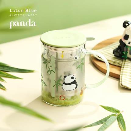 蓝莲花家居熊猫小花花玻璃泡茶杯内置滤网带把带盖茶杯办公室耐热