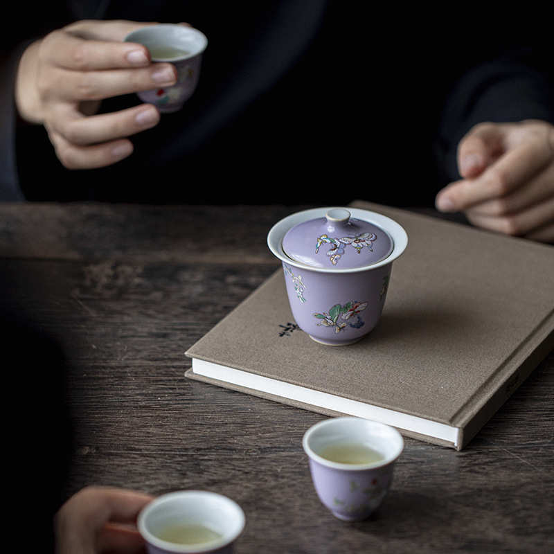宜室茶话 木槿紫月蝶盖碗 功夫茶具家用仿烫泡茶碗茶杯碗手抓盖碗