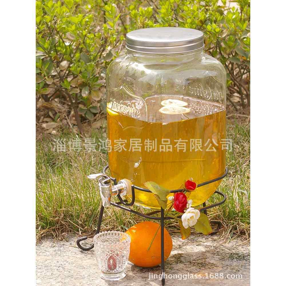厂销8升玻璃果汁罐带水嘴 果汁瓶带铁架底座 柠檬水瓶