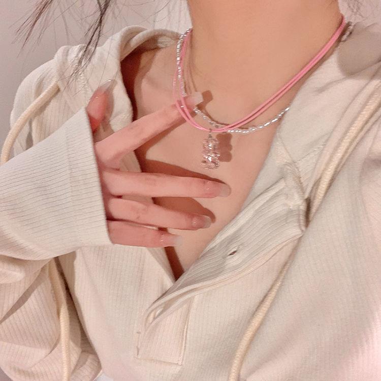 粉色珍珠可爱双层小熊项