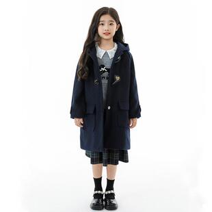 男女童牛角扣呢子大衣中长款学院风制服加棉加厚大童毛呢外套冬装