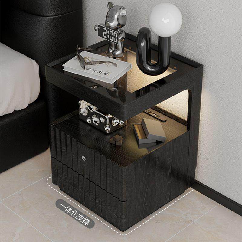 实木床头柜黑色简约现代卧室床边收纳柜带锁储物柜带灯充电置物柜