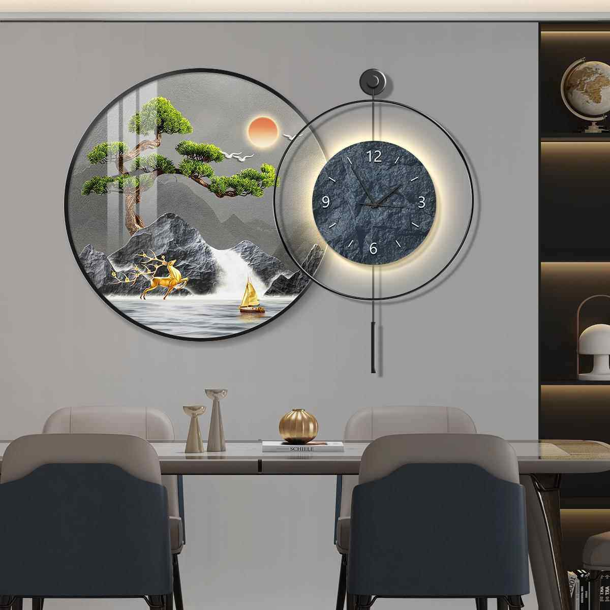 厅客迎松l高ed带灯轻奢餐装饰画档饭厅挂MGA画挂钟时钟简约现代钟