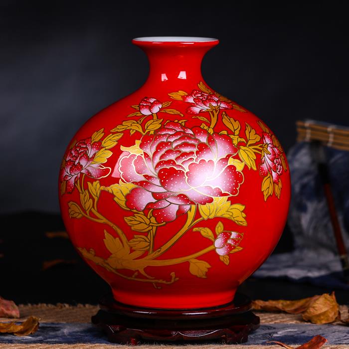 高档景德陶瓷 镇现代新中式艺品家中国红花瓶工客厅摆件创意家居