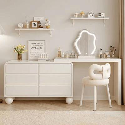 fLE奶油风梳妆台卧室简约现代多功能斗柜化妆台可旋转一体网红化