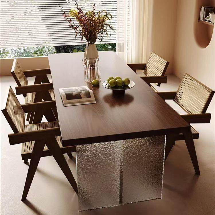 中古风实木亚克力悬浮书桌餐桌两用白蜡木客厅长条桌大板桌