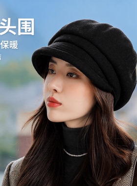 黑色贝雷帽女秋冬季日系文艺有帽檐八角帽大头围加厚保暖画家帽