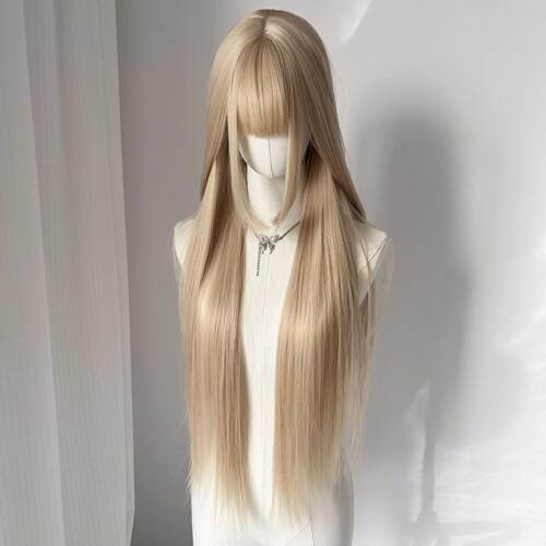 白金色85cm长直发显白假发女森系写真女团发色JK整顶全头套式假发