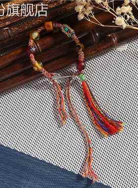 新中式手编手链藏式国潮风手搓手作棉绳手饰宝珠木鱼编织链手绳