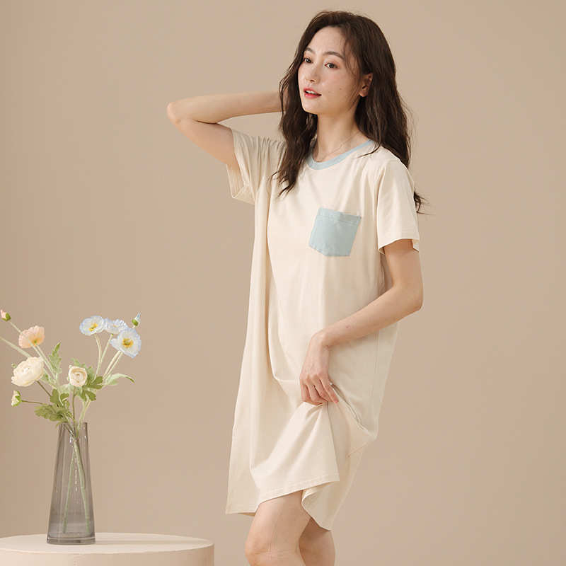 带胸垫睡裙夏季冰丝莫代尔大码睡衣女夏天薄款简约短袖孕妇家居服