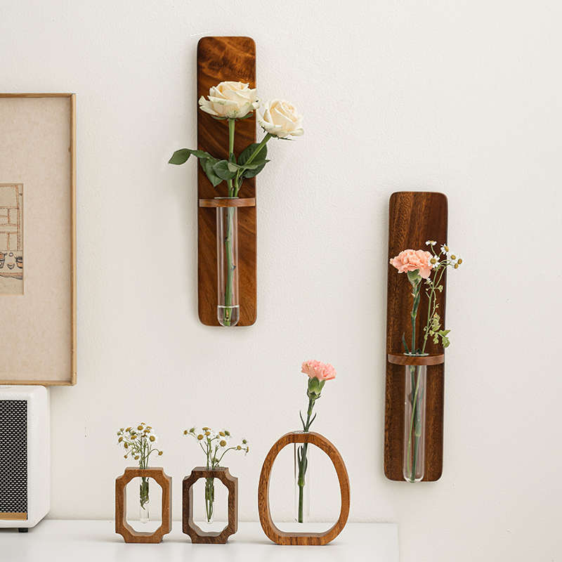 免打孔壁挂花器实木迷你水培插花器中式玻璃简约桌面艺术花瓶摆件