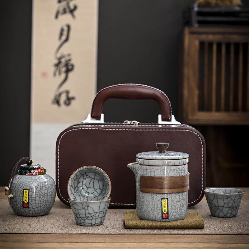 哥窑快客杯户外随身泡茶器开片陶瓷一壶三杯便携旅行茶具套装汝窑