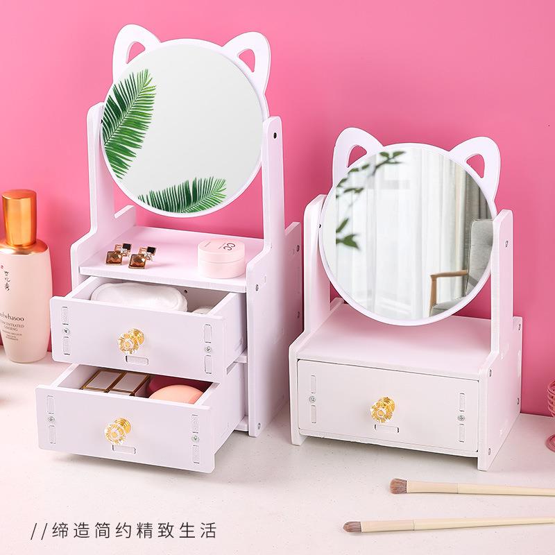网红桌面梳妆镜学生少女心猫耳化妆镜宿舍梳妆台带抽屉收纳化妆镜