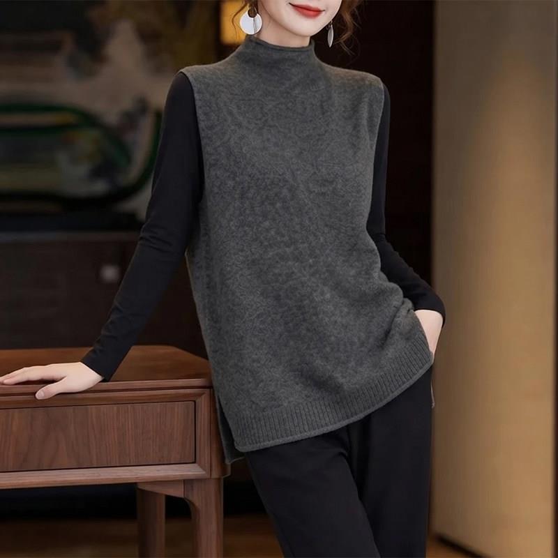 极速灰色半高领针织马甲女2026秋季新款外穿叠穿背心宽松休闲无袖